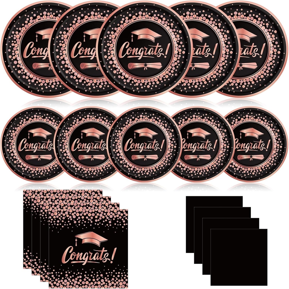 Congrats, Black and Gold Graduation Party Disposable Plates and Napkins Set